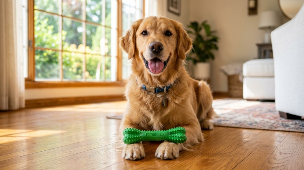 Happy dog chewing on a healthy dental stick for plaque control.