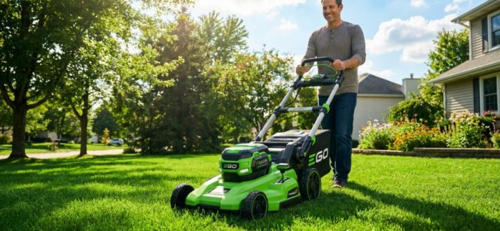 A clean, vibrant shot of a homeowner operating a modern cordless EGO electric lawn mower across a neatly manicured green residential lawn on a bright sunny day.
