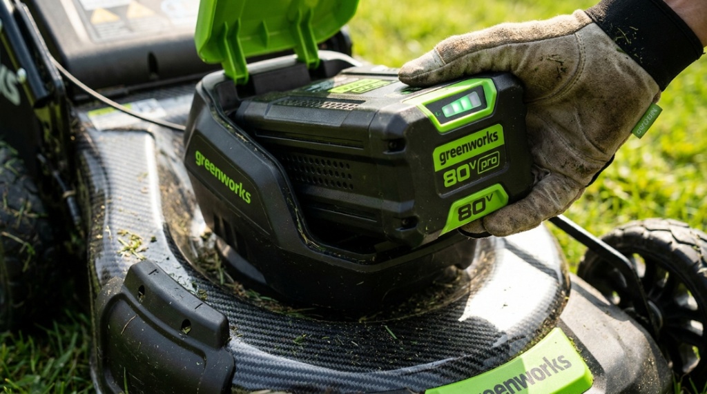 A close-up, high-detail view of a person inserting a high-capacity lithium-ion battery into the sleek deck of a modern cordless electric lawn mower.