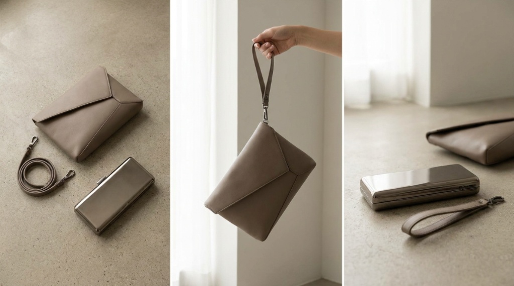 Woman wearing puzzle crossbody bag walking outdoors in daylight.