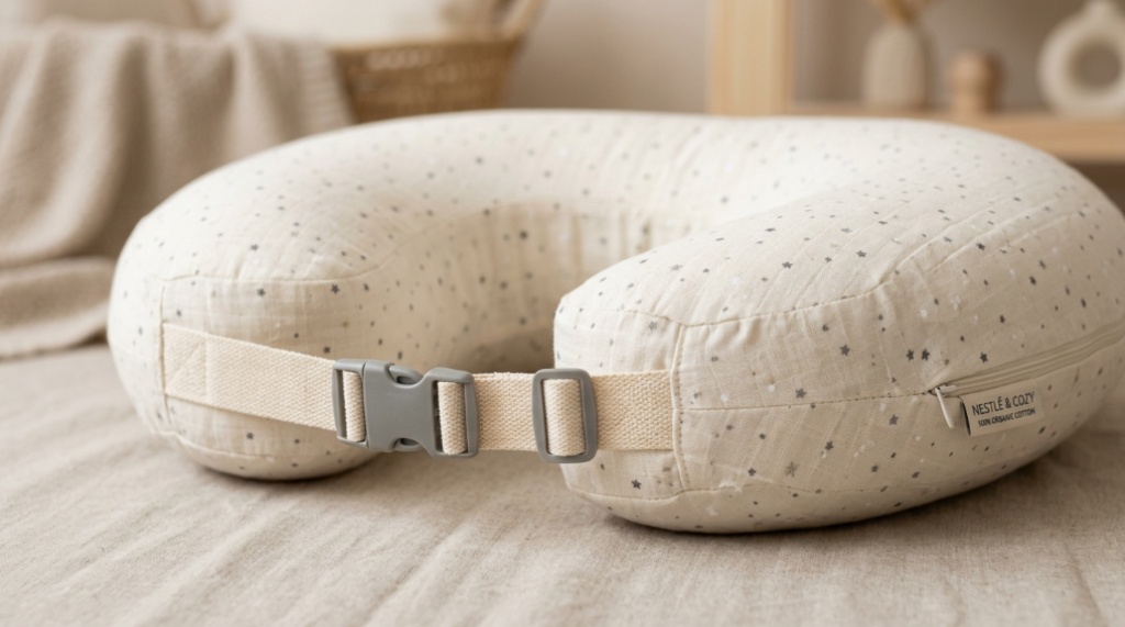 Firm ergonomic nursing pillow with a soft washable fabric cover.