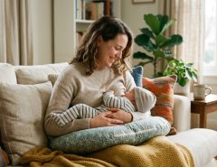 Mother holding her baby using a curved nursing pillow on a sofa.