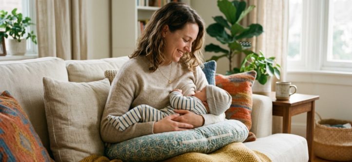 Mother holding her baby using a curved nursing pillow on a sofa.