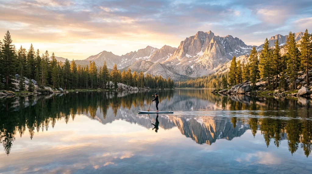 A woman enjoys a peaceful paddleboarding session on a clear blue lake.