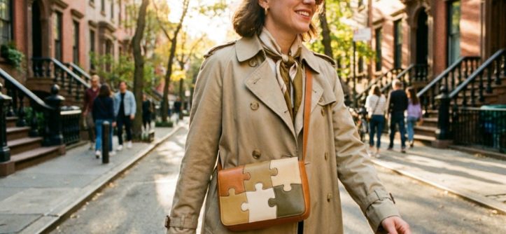 Puzzle crossbody bag displayed with wristlet strap and sleek clutch option.