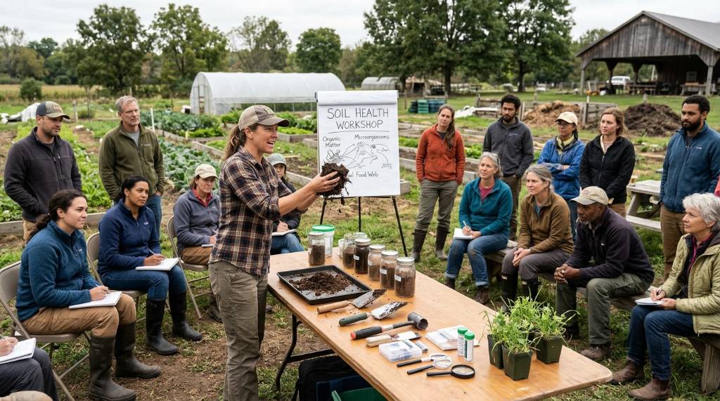 Instructor teaching a soil health workshop to a group of attendees