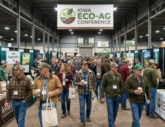 Farmers walking through the trade show hall at an Eco-Ag conference in Iowa