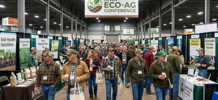 Farmers walking through the trade show hall at an Eco-Ag conference in Iowa