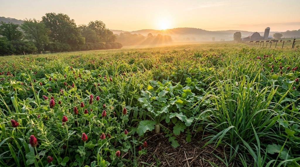 Healthy cover crop field at sunrise showing regenerative farming practices