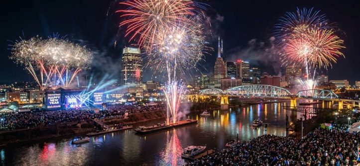 Fireworks exploding over the Cumberland River during Nashville's New Year's Eve Big Bash celebration at midnight