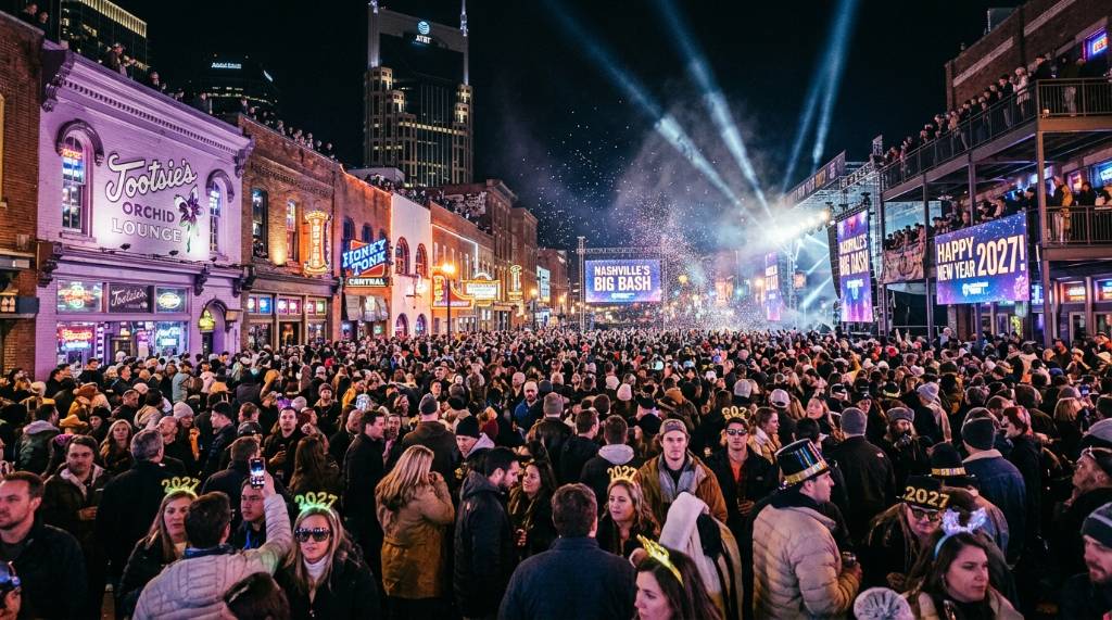 Crowds gathered along Lower Broadway in downtown Nashville for the Big Bash 2027 New Year's Eve street party