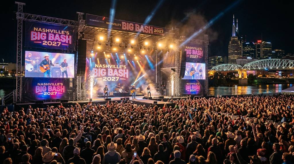 Live country music performance on the main outdoor stage at Riverfront Park during Nashville's Big Bash 2027