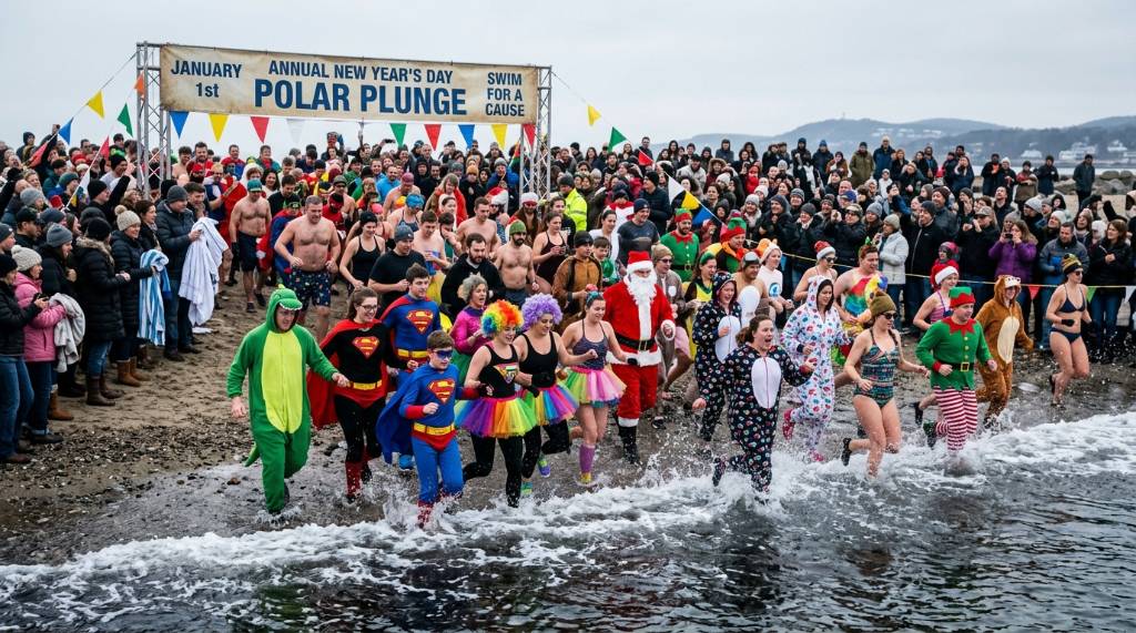 Participants in colorful costumes running into cold water at a winter charity swim on January 1