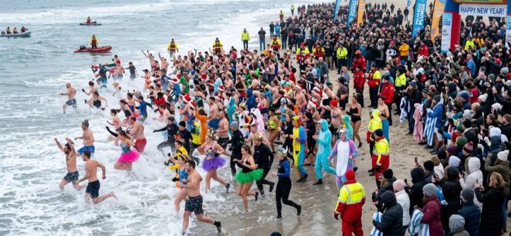 Crowd of swimmers entering the ocean on New Year's Day at a polar bear plunge event