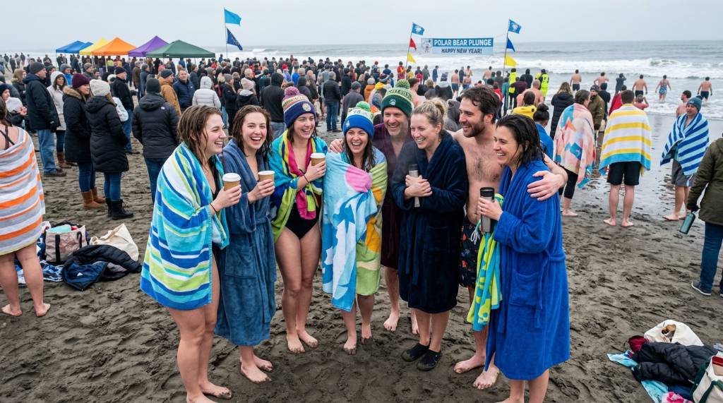 A group of smiling people wrapped in towels after completing a New Year's Day polar bear plunge at the beach