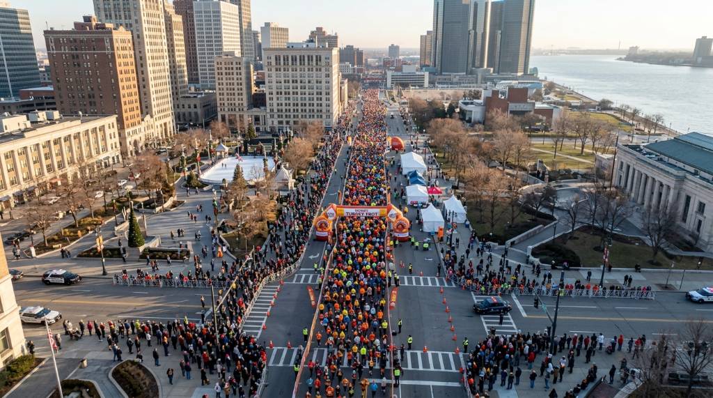 Aerial view of the Turkey Trot 5K and 10K race course winding through the streets of Downtown Detroit on Thanksgiving morning