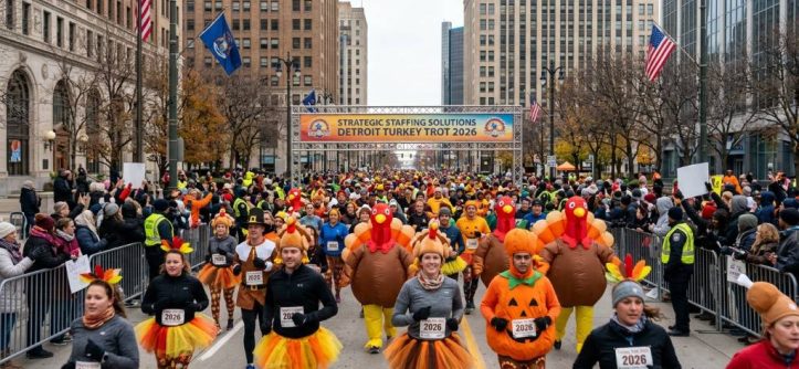 Runners and walkers in festive Thanksgiving costumes at the Strategic Staffing Solutions Turkey Trot 2026 in Downtown Detroit