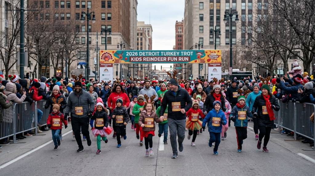 Families and children participating in the Kids Reindeer Fun Run at the 2026 Turkey Trot Thanksgiving Day event in Detroit Michigan